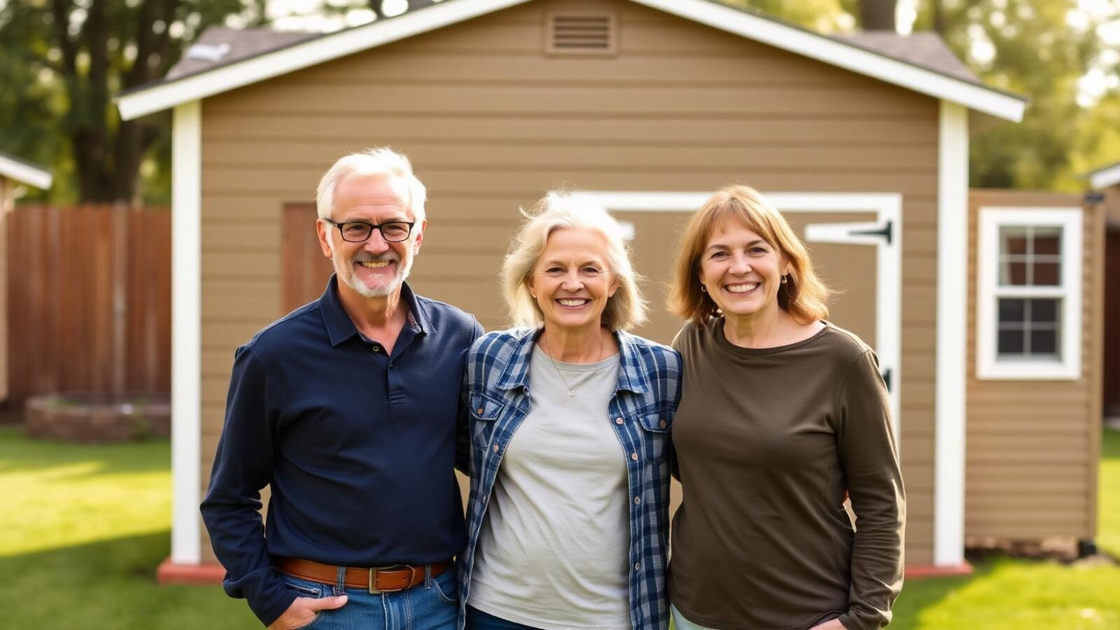 Kentucky homeowners standing in front of their newly built backyard shed